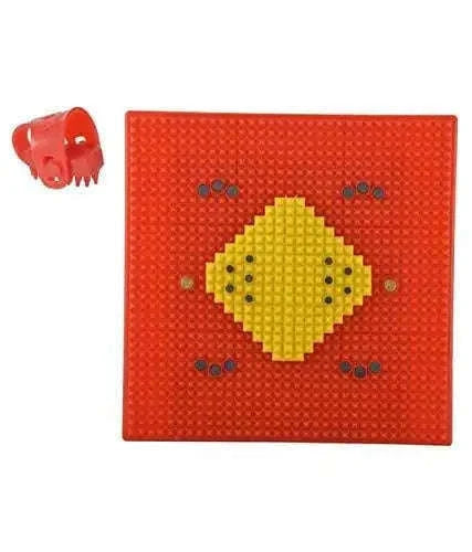Acupressure magnetic power mat featuring yellow pyramid spikes and red square patterns