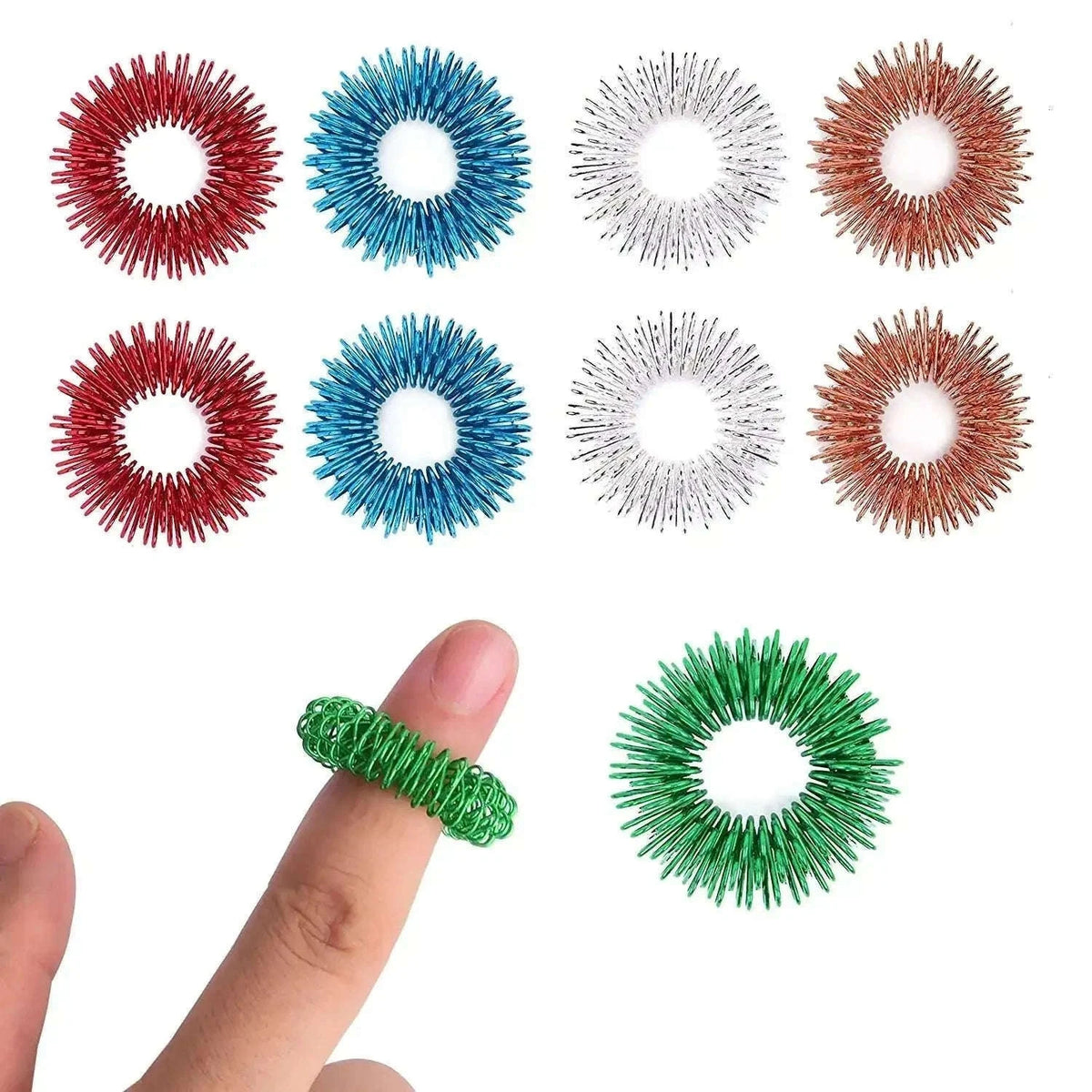 Acupressure Sujok finger ring set in multiple colors including red, blue, silver, copper, and green.