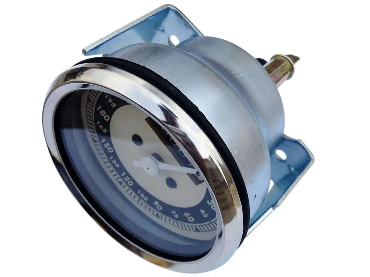 BMW chrome speedometer gauge with black bezel and cream dial, analog numbers up to 240