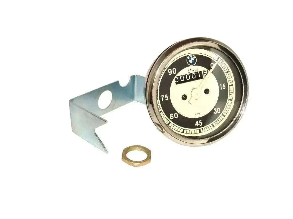Speedometer gauge with chrome bezel, black face, 0–90 mph scale and mounting bracket