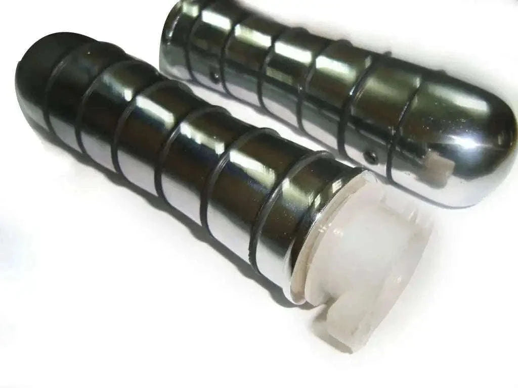Motorcycle handlebar grips set, black rubber with chrome end caps