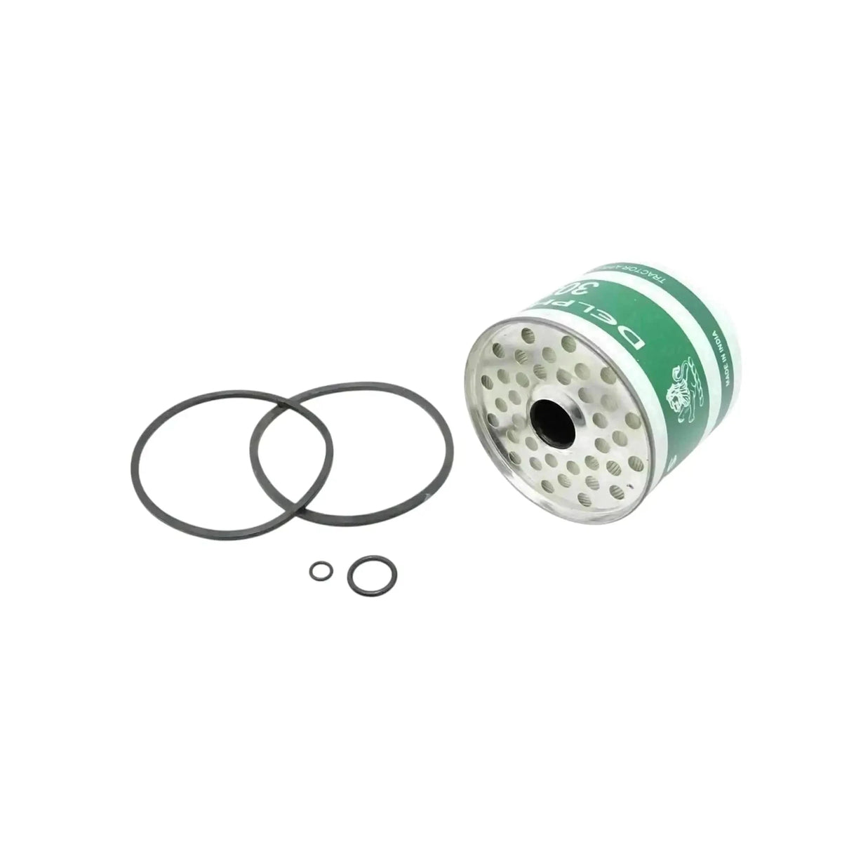 Fuel oil filter kit with green cartridge, white perforated element, and two O-rings