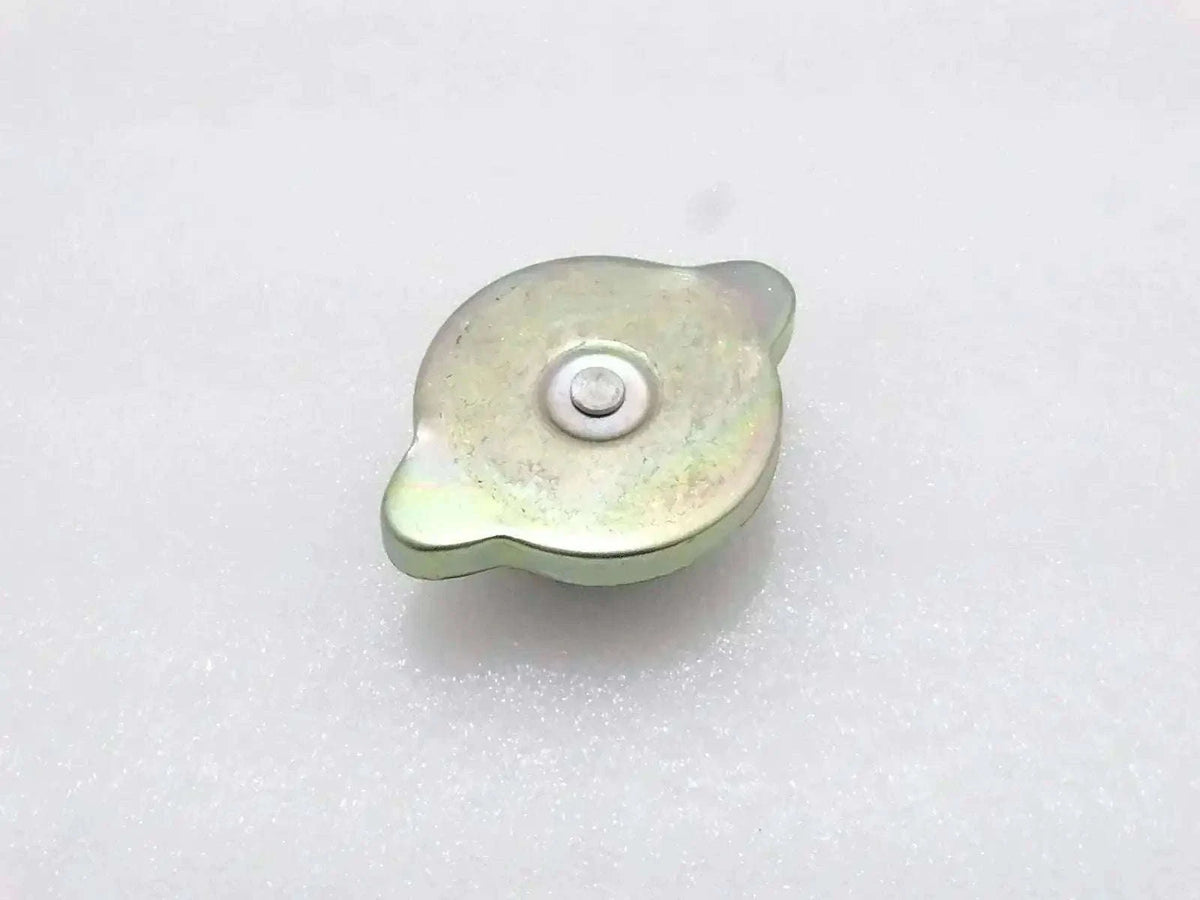Light green metal radiator cap with circular center and mounting tab