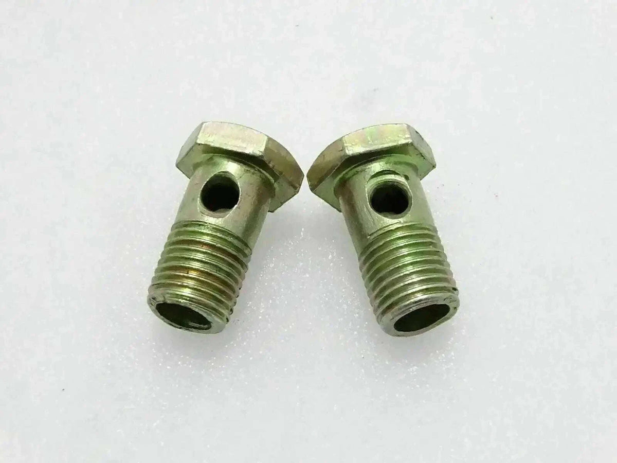 Plated steel banjo bolt pair with hex heads and threaded shanks