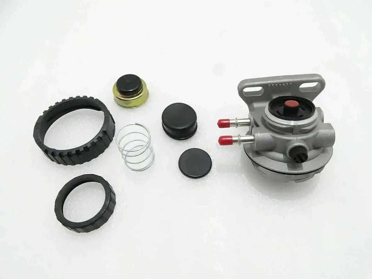 Hand primer kit components with pump head, fittings, rings, and spring