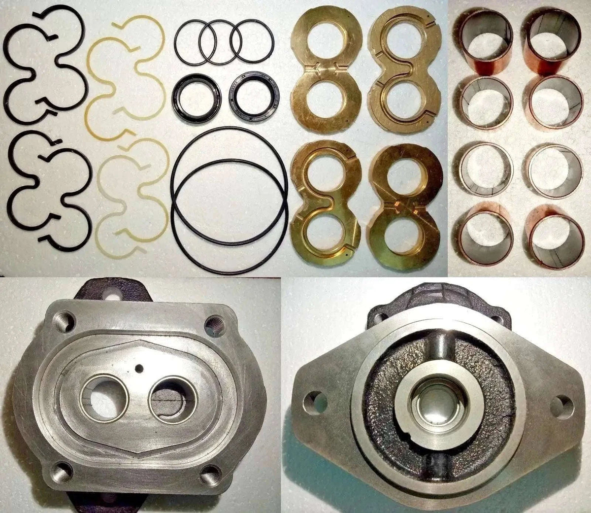 Hydraulic pump mounting flange with circular port and bolt holes, metal parts