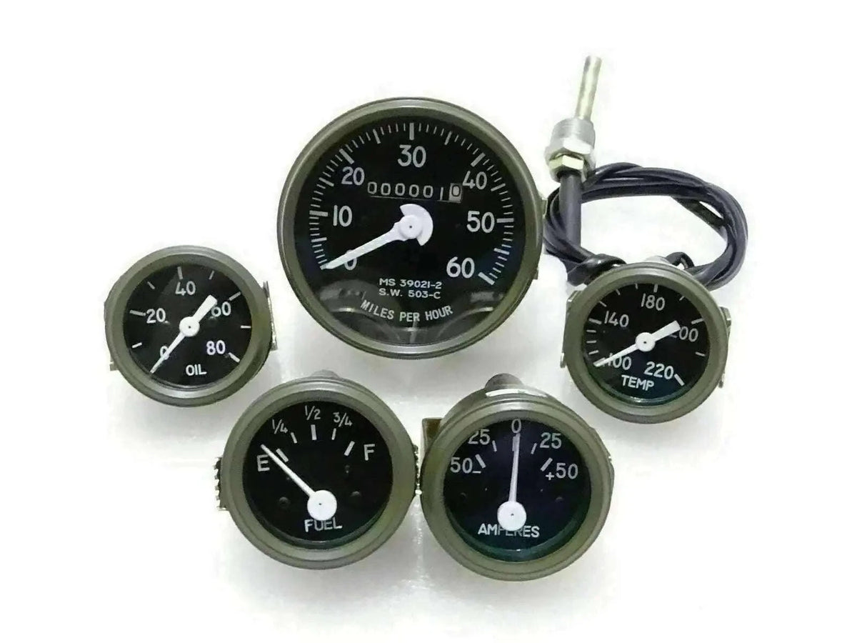Green-bezel speedometer gauge set for Willys Jeep with fuel, temperature, and oil pressure indicators