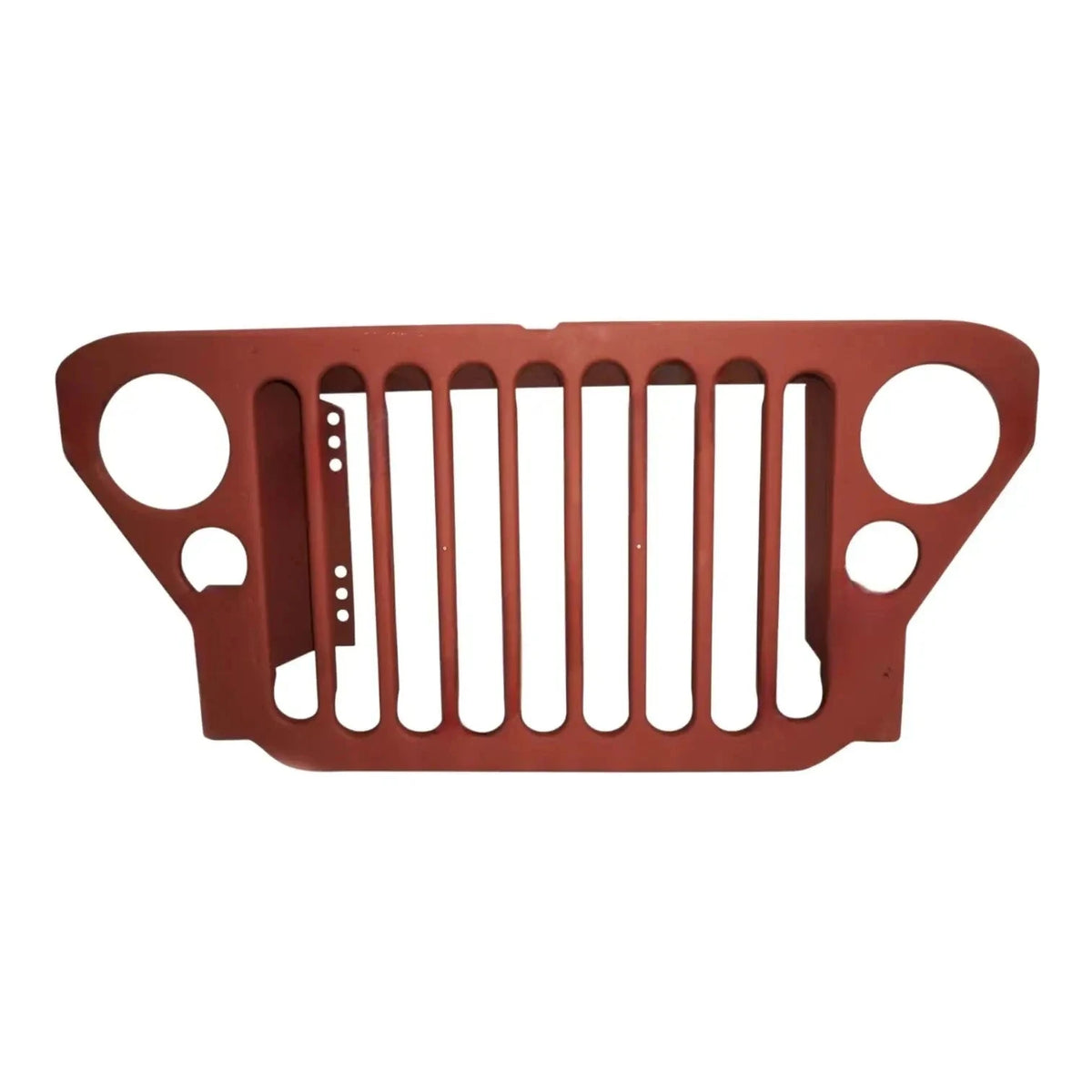 Steel radiator grille with primer coat, brown slats and two large round side holes
