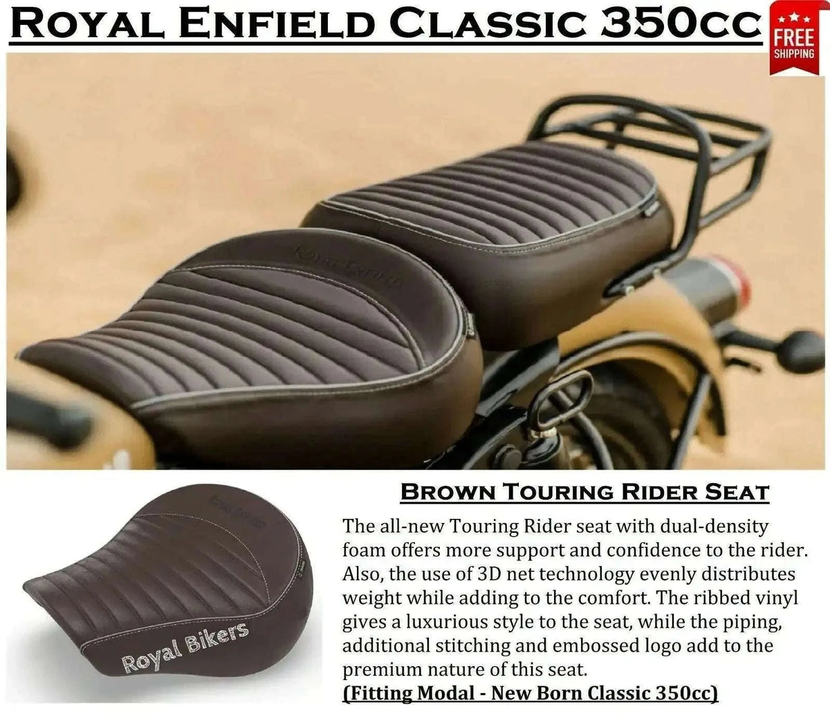 Brown touring rider seat with ribbed cushions and rear passenger backrest