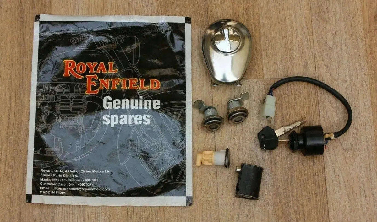 Royal Enfield key lock set with chrome finish, includes essential locking components for ignition and security