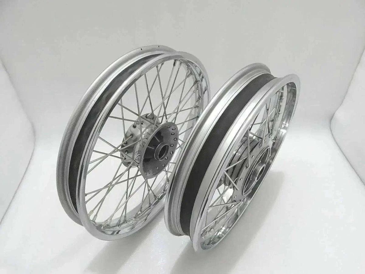 Motorcycle wheel rim set with chrome spoked rims, front and rear views