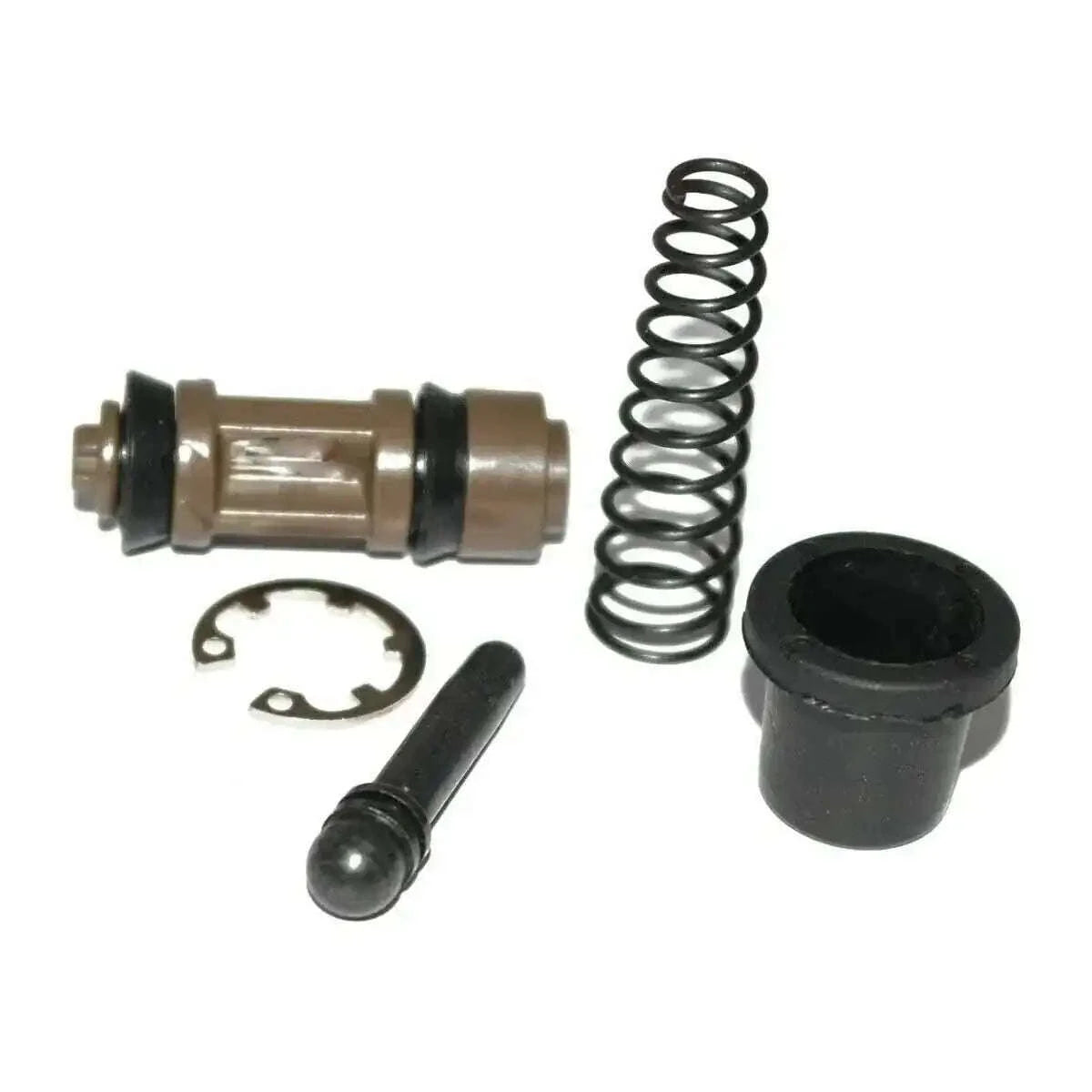 Front disk brake master cylinder piston kit with spring, seal, and retaining clips