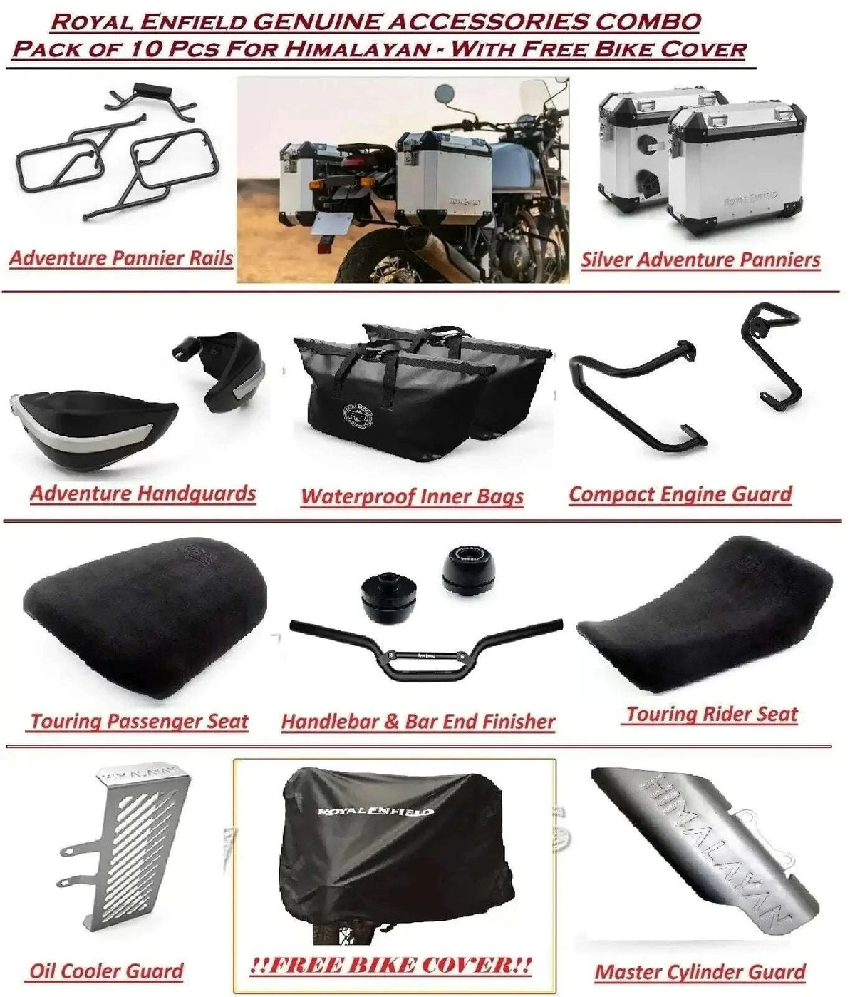 Royal Enfield Himalayan accessories combo pack of 10 with guards and bike cover.