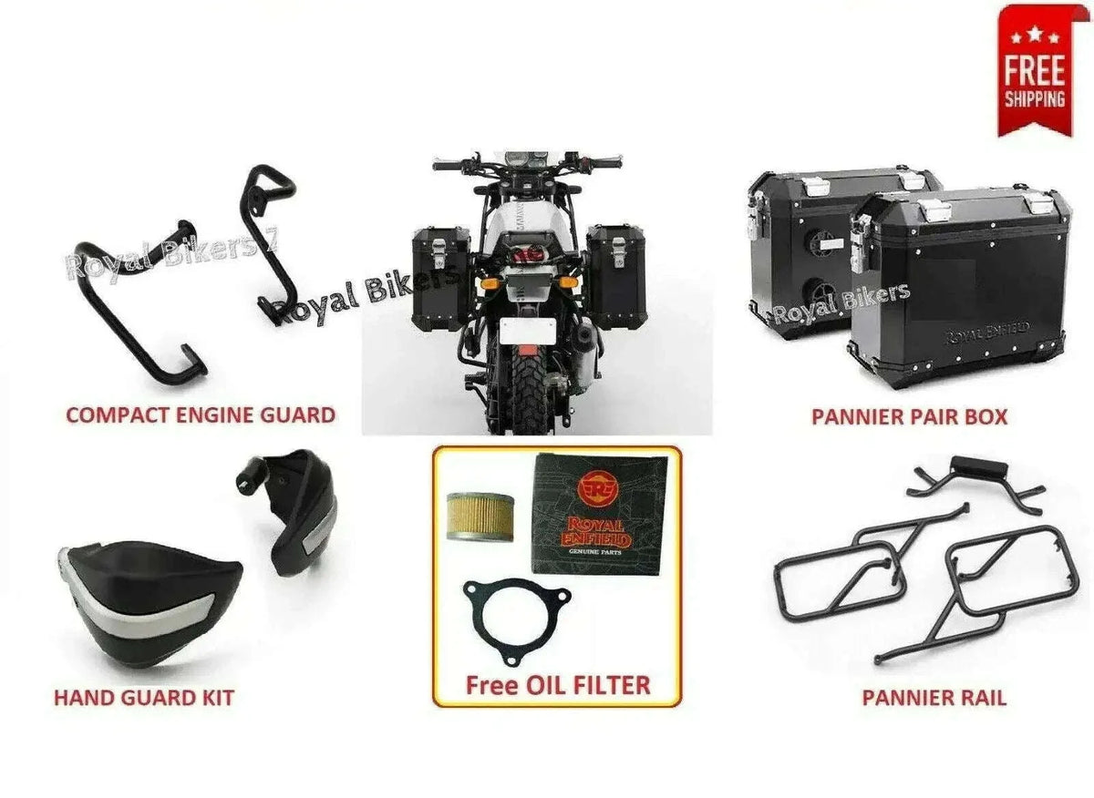 Motorcycle accessory set: engine guard, hand guards, pannier box, rails, oil filter.