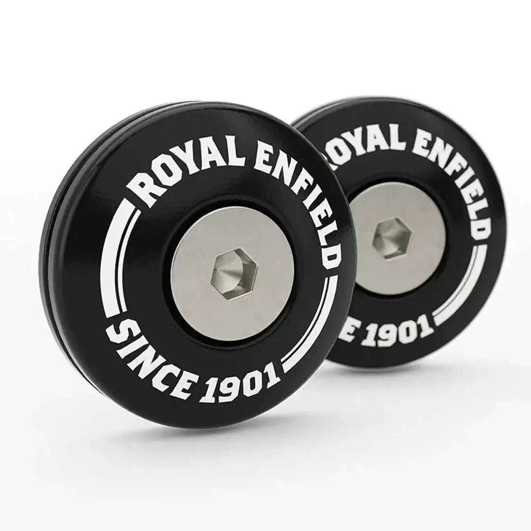 Black bar end finisher caps with Royal Enfield logo, pair