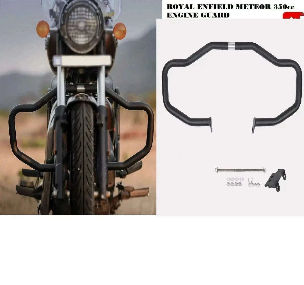 Black tubular motorcycle engine guard with mounting brackets and U-shaped protection bars