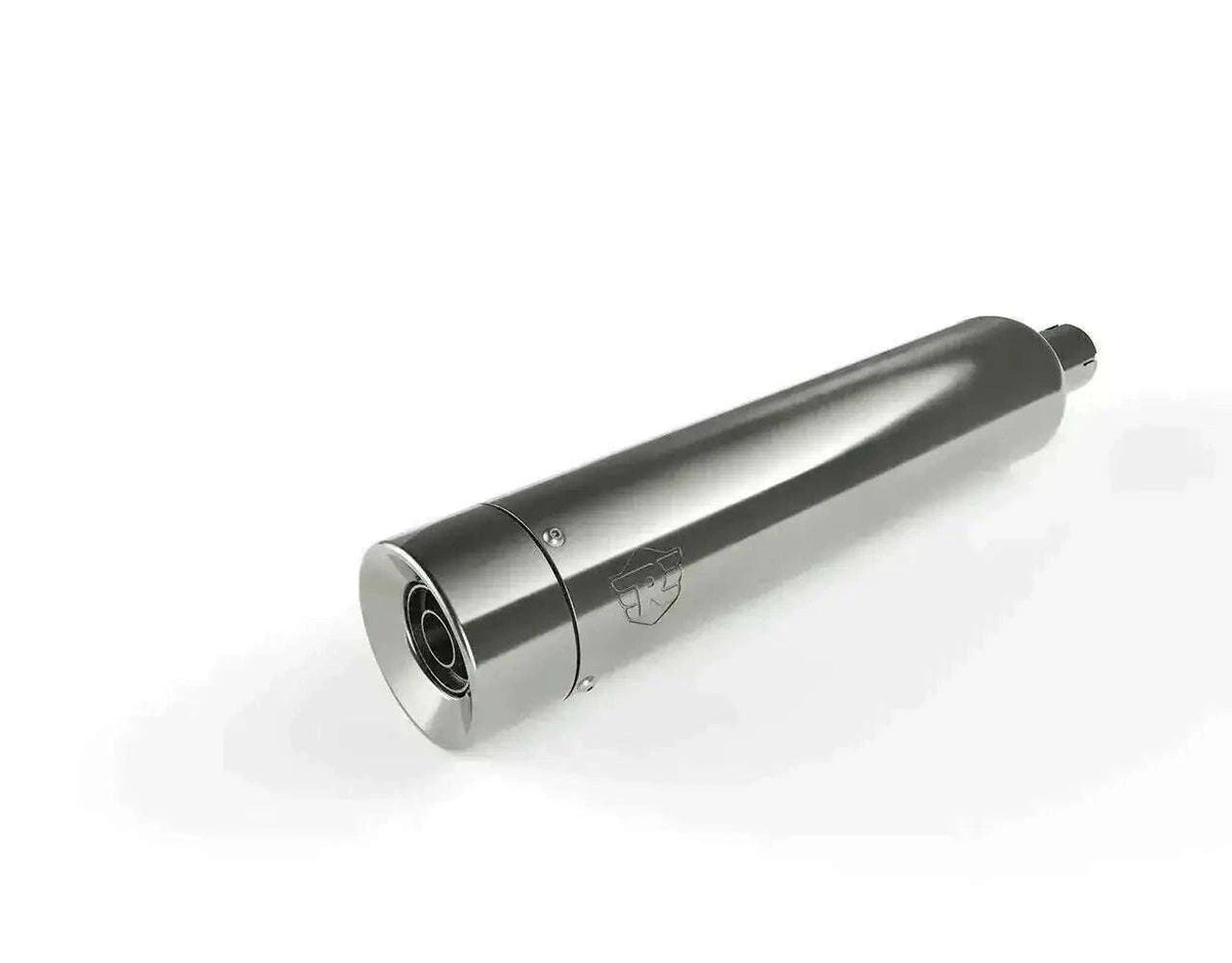 Silver straightcut exhaust silencer with round end cap and logo