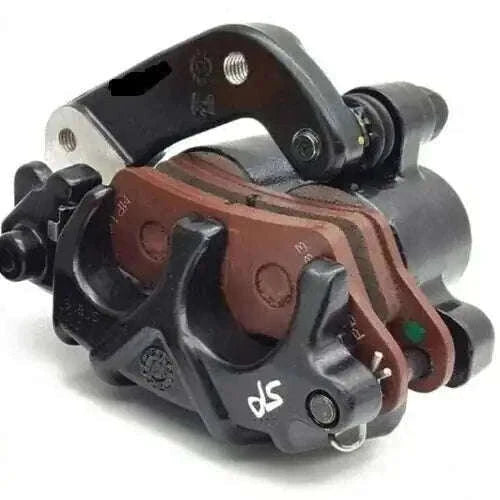 Front disc brake caliper with brake pads, metallic black with mounting bolts