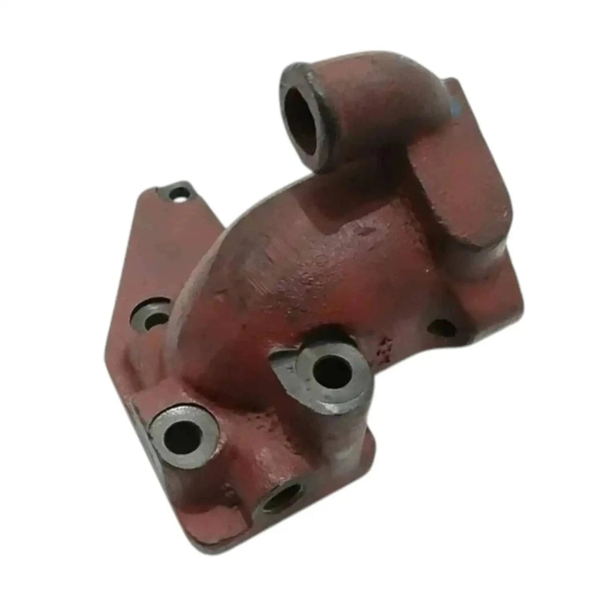 Metal thermostat housing base with central circular port and two mounting holes, red-brown