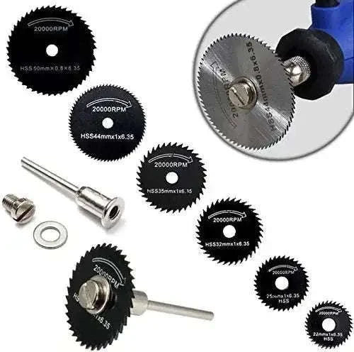 Mini HSS circular saw blade set with 7 discs for wood and pipe cutting.