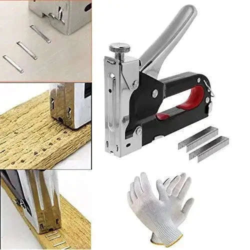 Mini staple gun nailer tacker with metal head and black handle used for trimming and cabinet work.