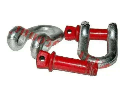 Tow hook recovery set with red straps and silver U-shaped hooks