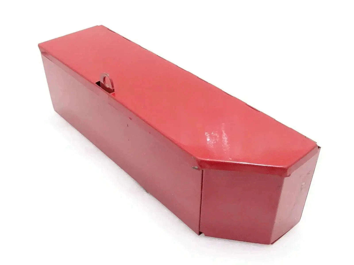 Red painted tool box for International tractors, durable steel case with secure lid and latch