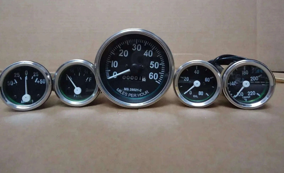 Speedometer gauge kit with five round gauges, chrome bezels, black faces