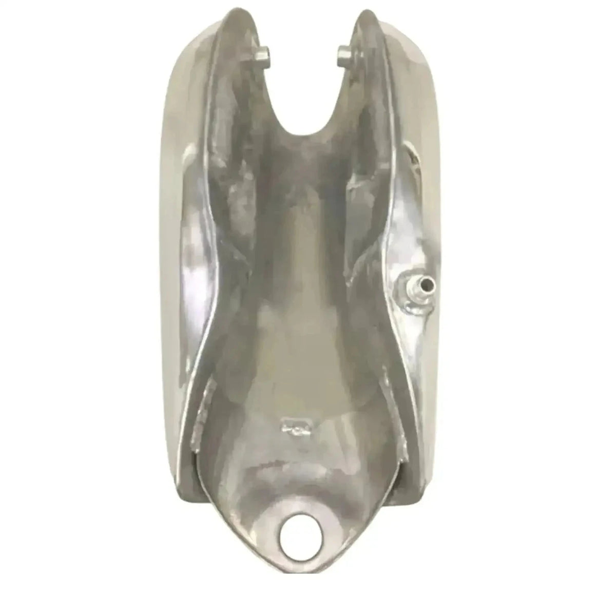 Polished aluminum fuel tank with two mounting studs and round outlet opening