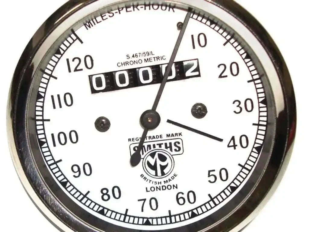 Matchless Smiths Replica Speedometer with white face and chrome bezel.