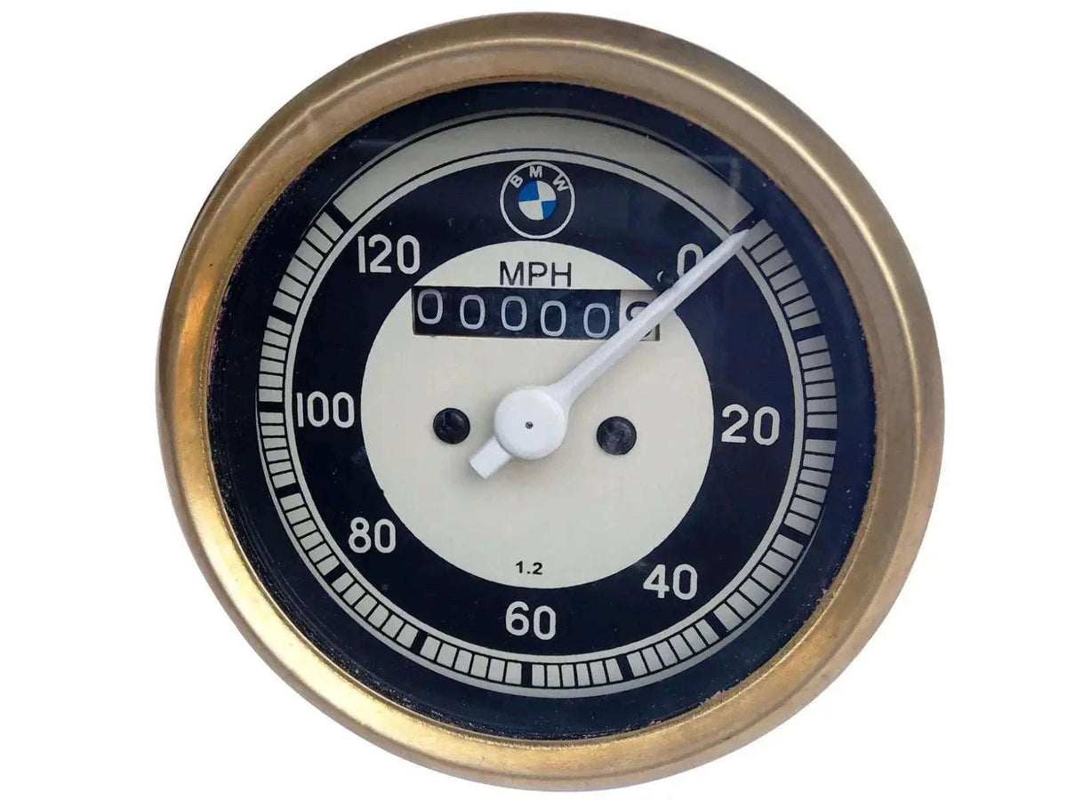 Vintage BMW speedometer dial 0-120 MPH with golden rim