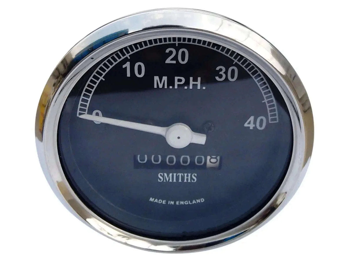 0-40 MPH vintage bike speedometer with chrome and black face, designed for accuracy.