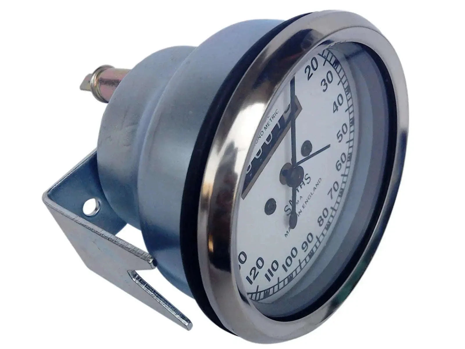 Chrome white face speedometer with precise KM measurements and stylish design