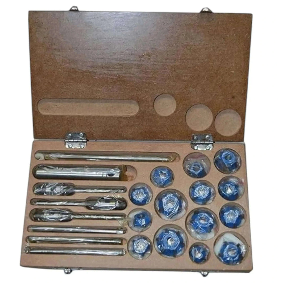Carbide Valve Seat Cutter Set in wooden case, featuring various sizes for precision cutting in engine repair.