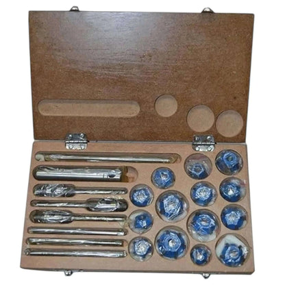 Carbide Valve Seat Cutter Set in wooden case, featuring various sizes for precision cutting in engine repair.
