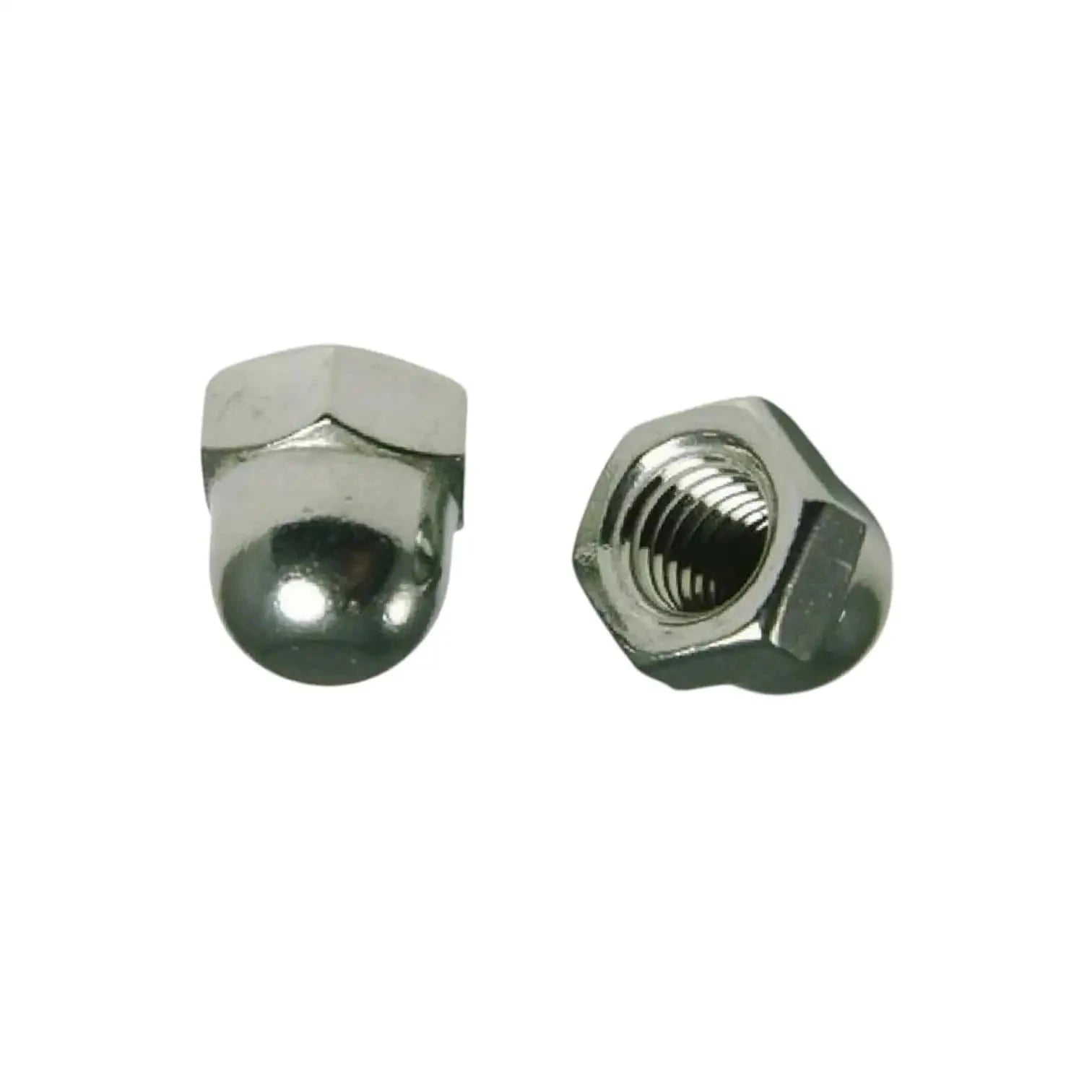 Chrome domed M8 nut pair, one shows inside threads and hex socket
