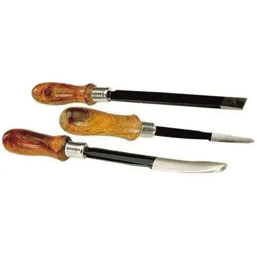 3-piece hand scraper set with wooden handles and metal blades: flat, half-round, triangular