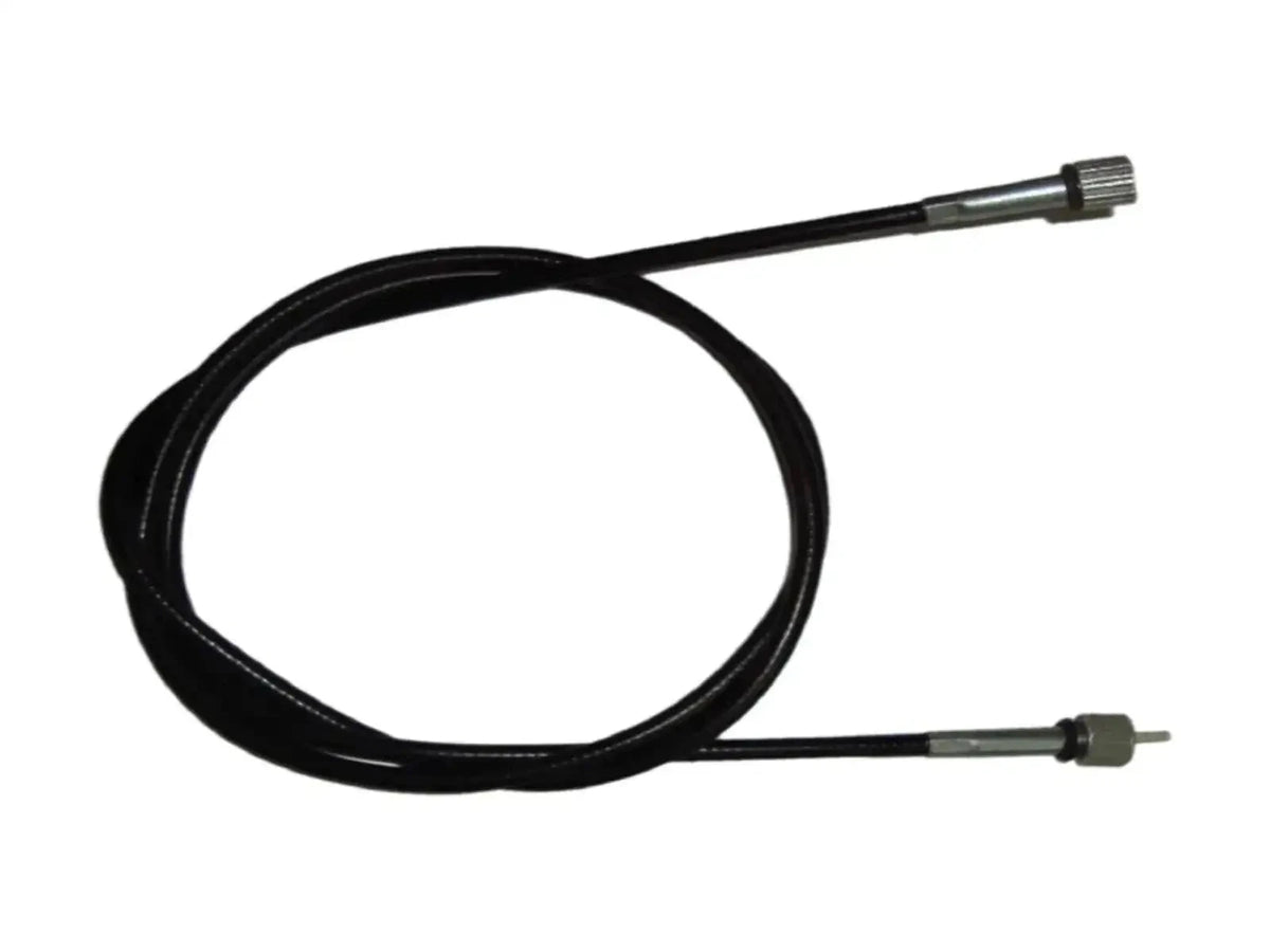 Speedometer cable with black housing and metal ends, one end threaded
