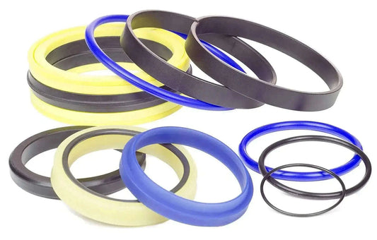 JCB hydraulic cylinder seal kit featuring rubber O-rings and seals in multiple colors.