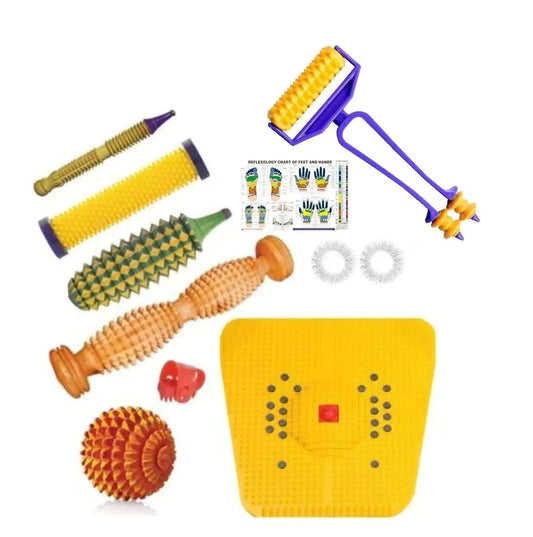Acupressure massager kit with yellow spiked power mat and wooden rollers
