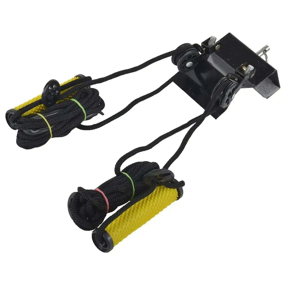 Acupressure Door Gym Rope Exerciser with black rope and yellow padded foot grips, door anchor