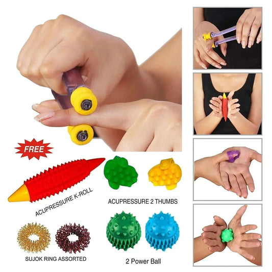 Acupressure finger massager set with yellow sujok rings and power balls for stress relief