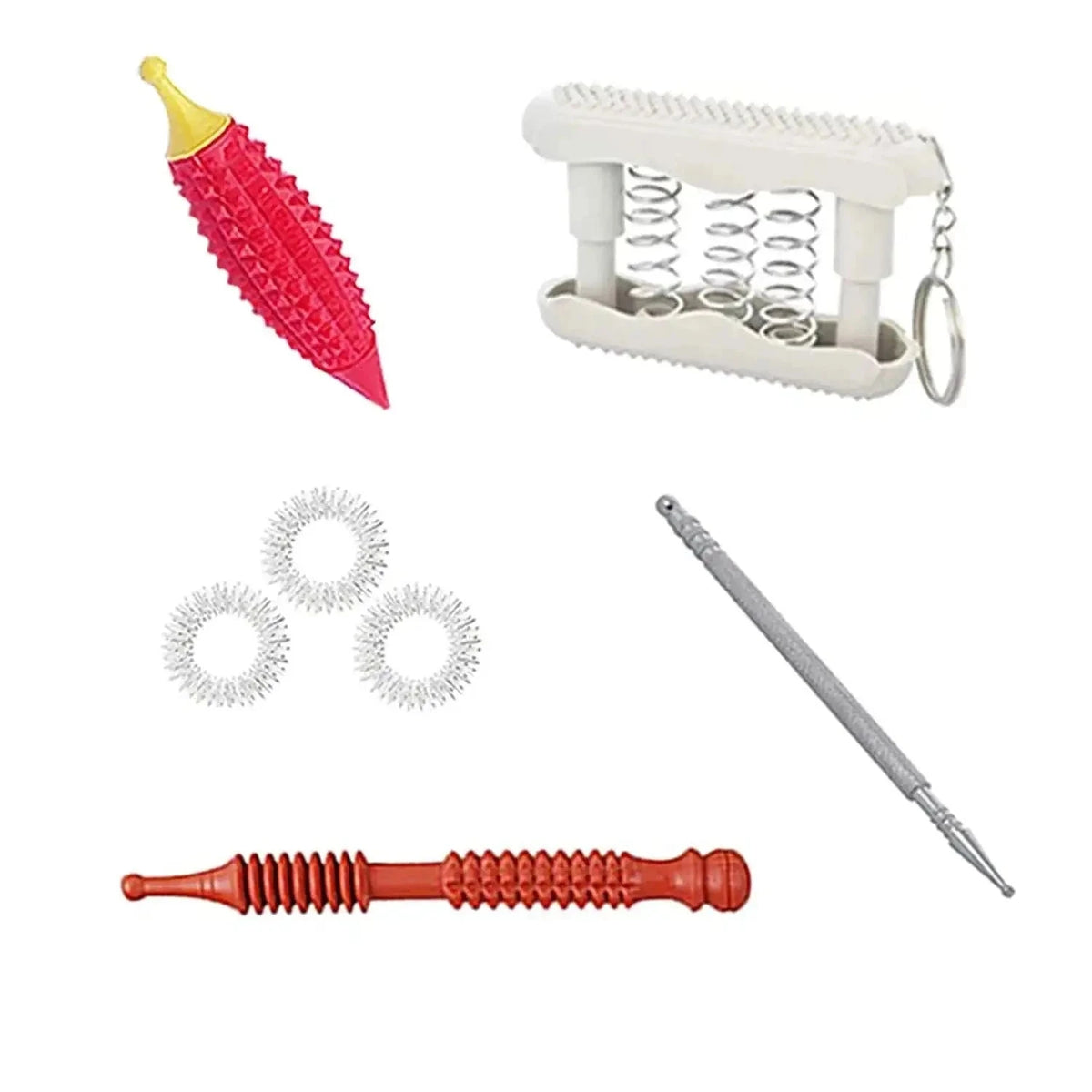 Acupressure Jimmy wellness tools set featuring wooden and steel acupressure tools for relaxation.