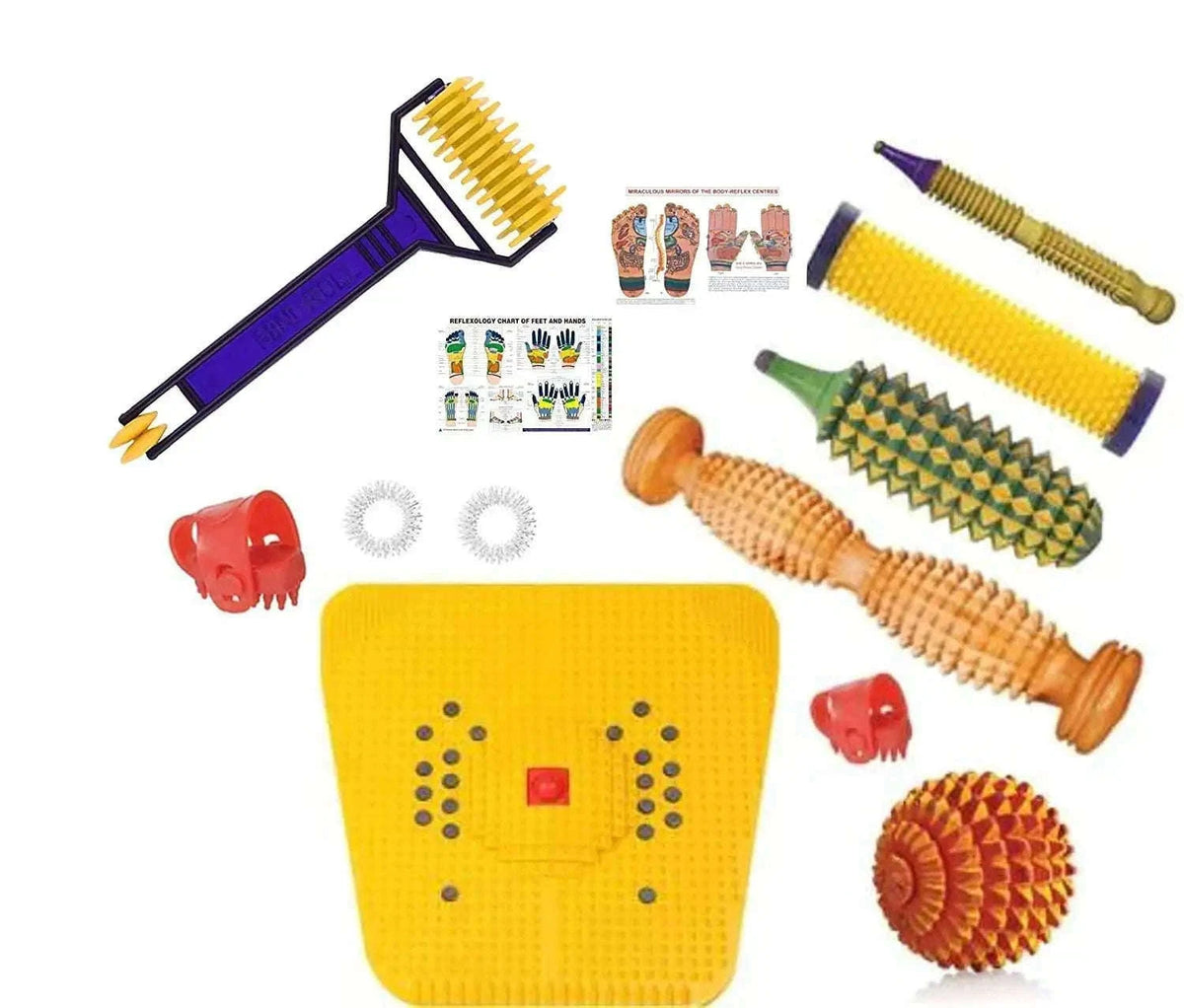 Acupressure foot mat with a yellow dotted pattern alongside massage rollers and balls