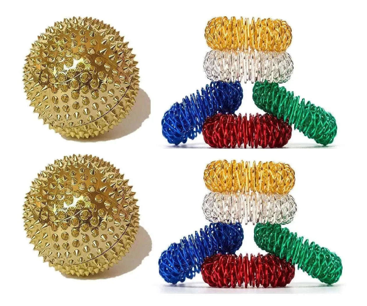 Acupressure magnetic ball and Sujok finger massager kit with colorful rings and gold spiked balls