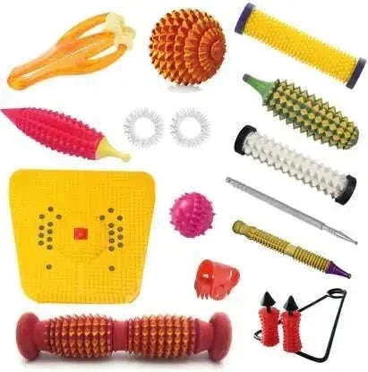 Acupressure massager kit with foot roller and finger rings