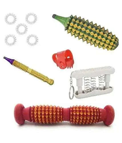 Acupressure massager tools combo kit featuring red spiked rollers, green tool, and white head
