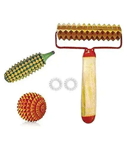 Acupressure massager tools kit with wooden handle roller and Sujok rings