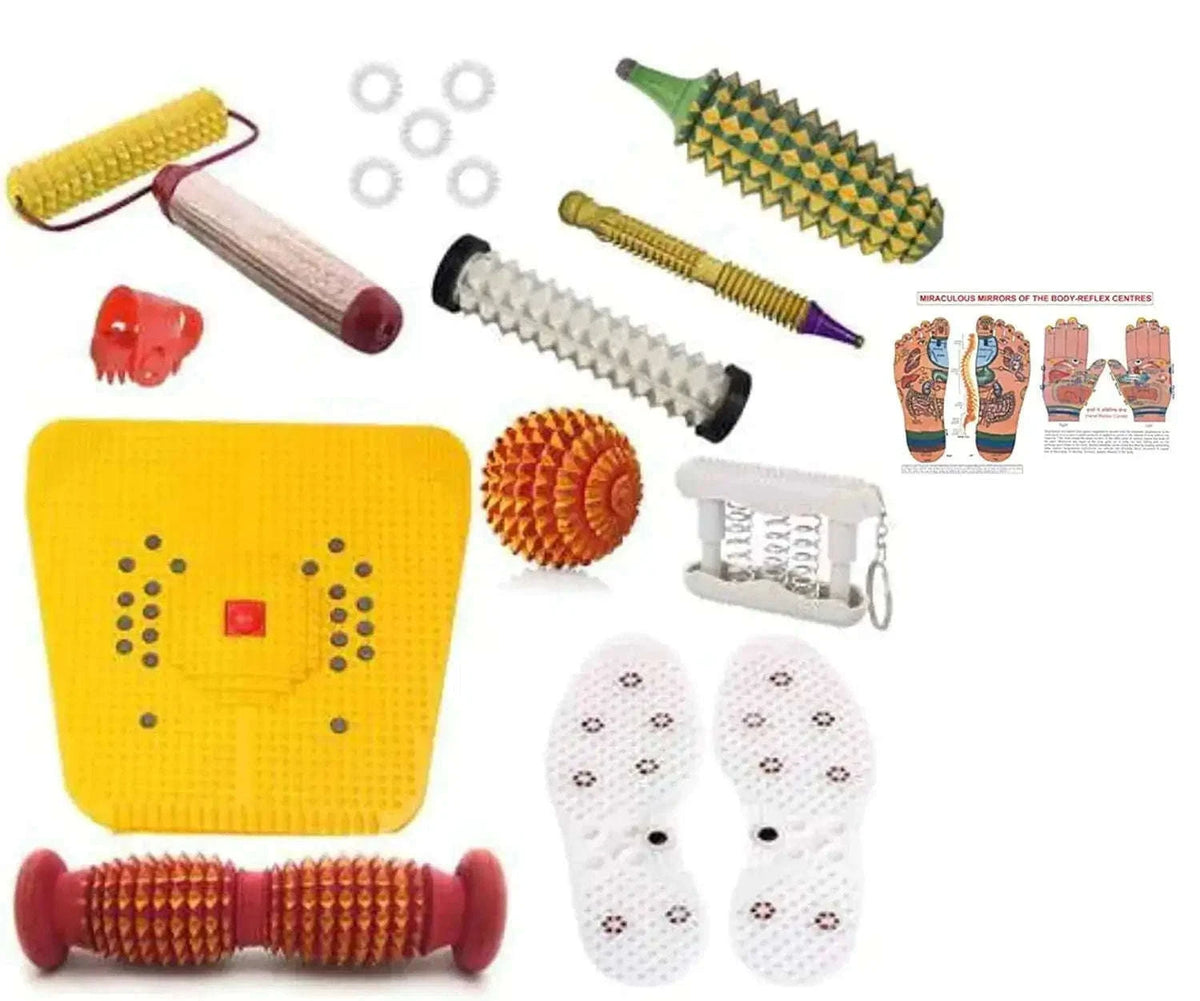 Yellow acupressure mat kit with foot roller for stress relief