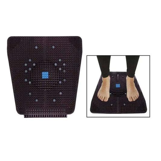 Black acupressure foot mat designed for pain relief and muscle recovery